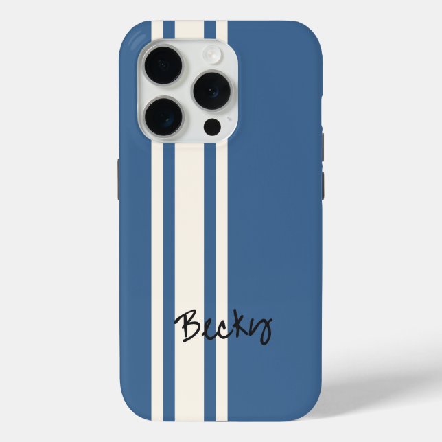 Blue White Racing Stripes Stylish Name Case-Mate iPhone Case (Back)
