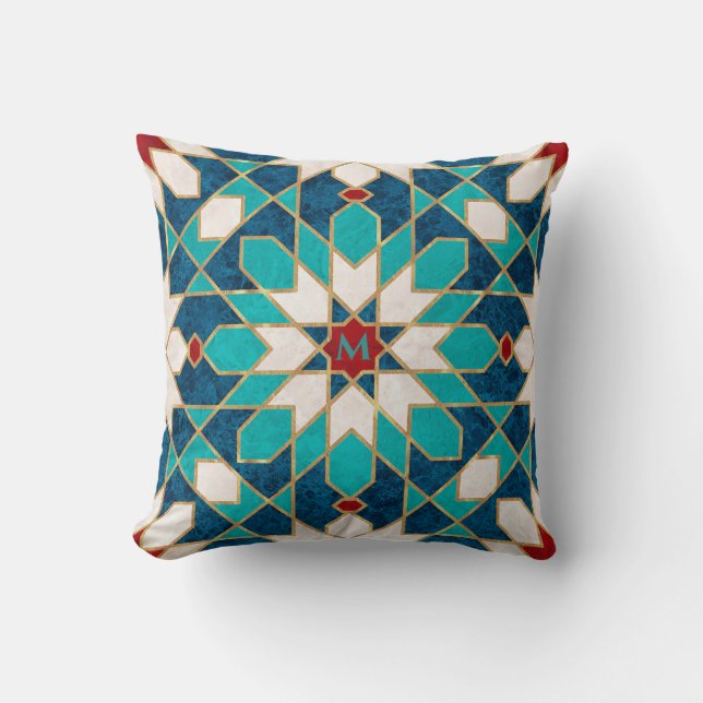 Blue White Red Marble Moroccan Mosaic Monogram Cushion (Front)