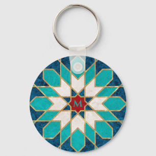 Blue White Red Marble Moroccan Mosaic Monogram Key Ring