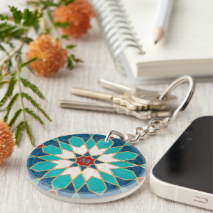 Blue White Red Marble Moroccan Mosaic Monogram Key Ring