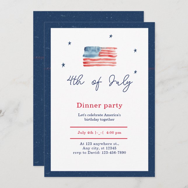 Blue White Red Minimalist 4th of July Dinner Party Invitation (Front/Back)