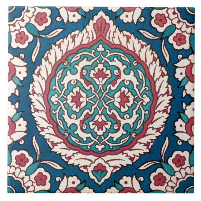 Blue White Red Teal Oriental Azulejo Pattern Ceramic Tile (Front)