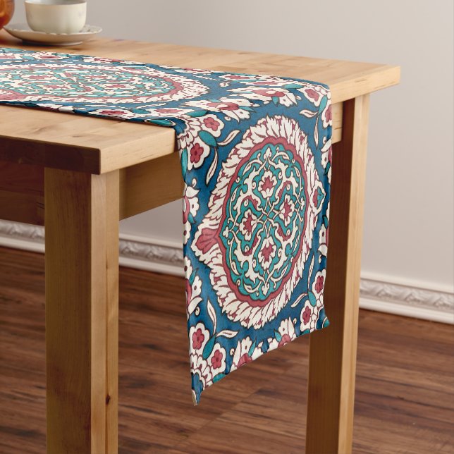 Blue White Red Teal Oriental Azulejo Pattern Short Table Runner (In Situ)