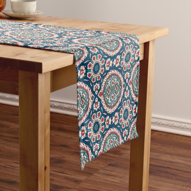 Blue White Red Teal Oriental Azulejo Pattern Short Table Runner (In Situ)