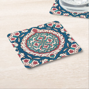 Blue White Red Teal Oriental Azulejo Pattern Square Paper Coaster