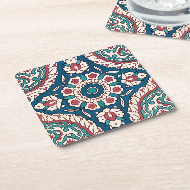 Blue White Red Teal Oriental Azulejo Pattern Square Paper Coaster (Angled)