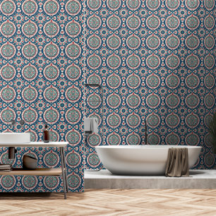 Blue White Red Teal Oriental Azulejo Pattern Wallpaper
