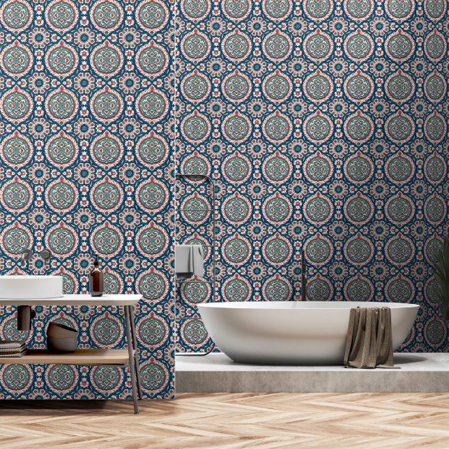 Blue White Red Teal Oriental Azulejo Pattern Wallpaper (Bathroom)