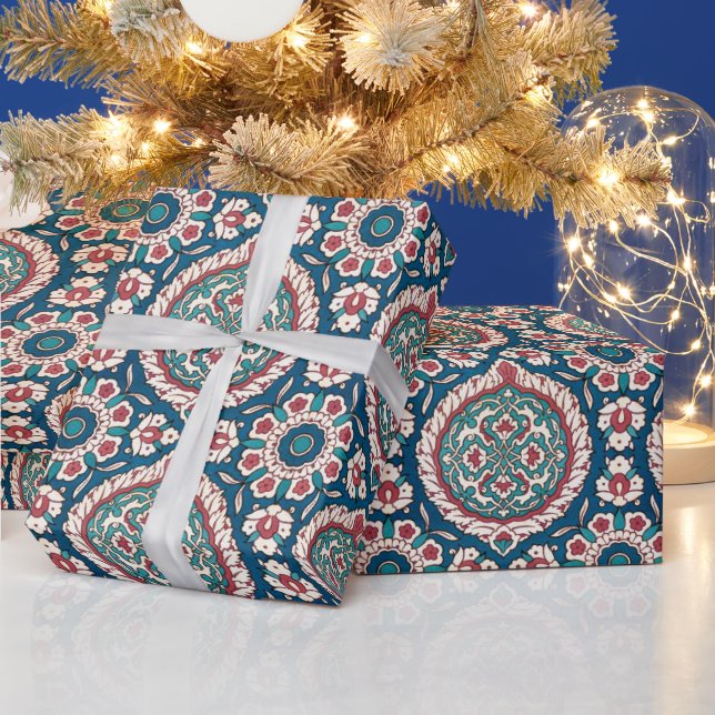 Blue White Red Teal Oriental Azulejo Pattern Wrapping Paper (Holidays)