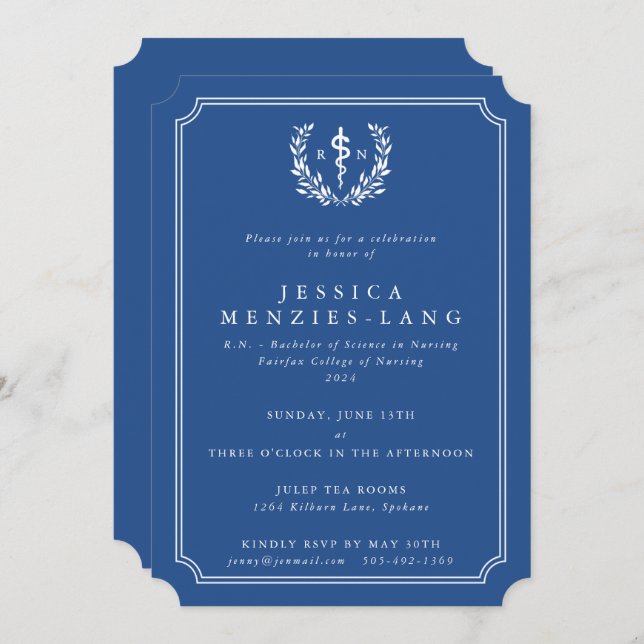 Blue/White Registered Nurse Asclepius Graduation Invitation (Front/Back)