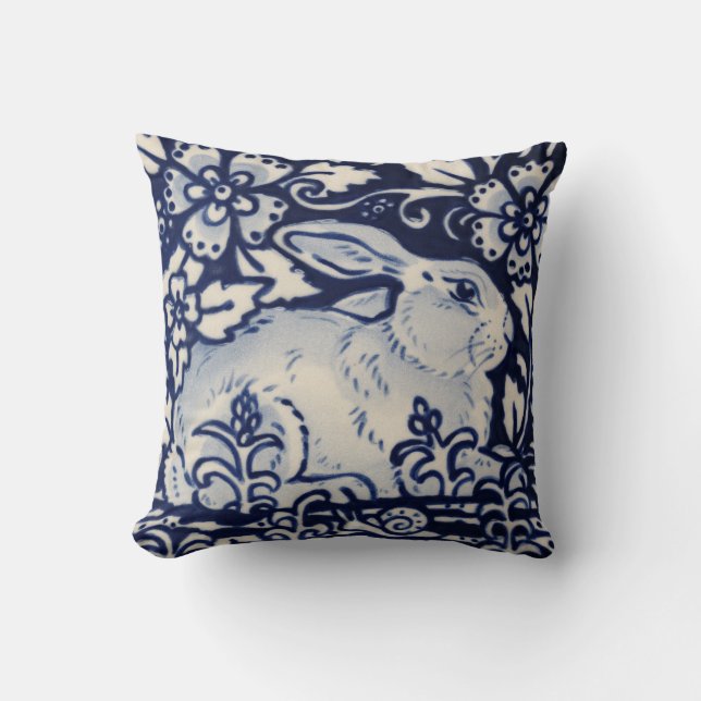 Blue White Resting Rabbit Hare Navy Chinoiserie Cushion (Front)