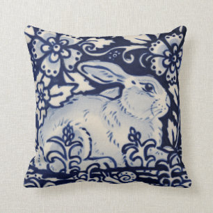 Blue White Resting Rabbit Hare Navy Chinoiserie Cushion