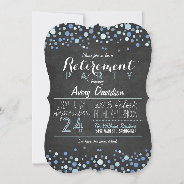 Blue & White Retro Chalkboard Retirement Party Invitation (Front)