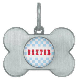 Blue White Retro Chequered Dog Puppy Cat Name Pet ID Tag