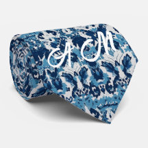 Blue White Retro Ikat Pattern 2 Monogram Initials
