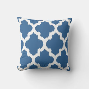 Blue & White Reversible Ikat Quatrefoil Pattern Cushion