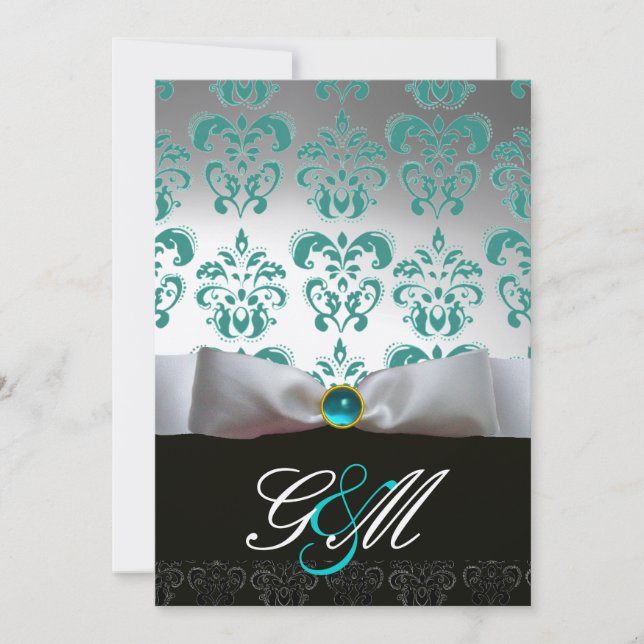 BLUE WHITE RIBBON  BLACK DAMASK MONOGRAM Champagne Invitation (Front)