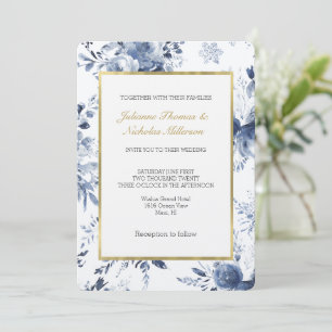 Blue White Romantic Floral Wedding Invitation