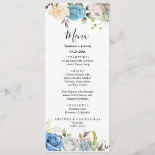 Blue & White Rose Floral Wedding Menu