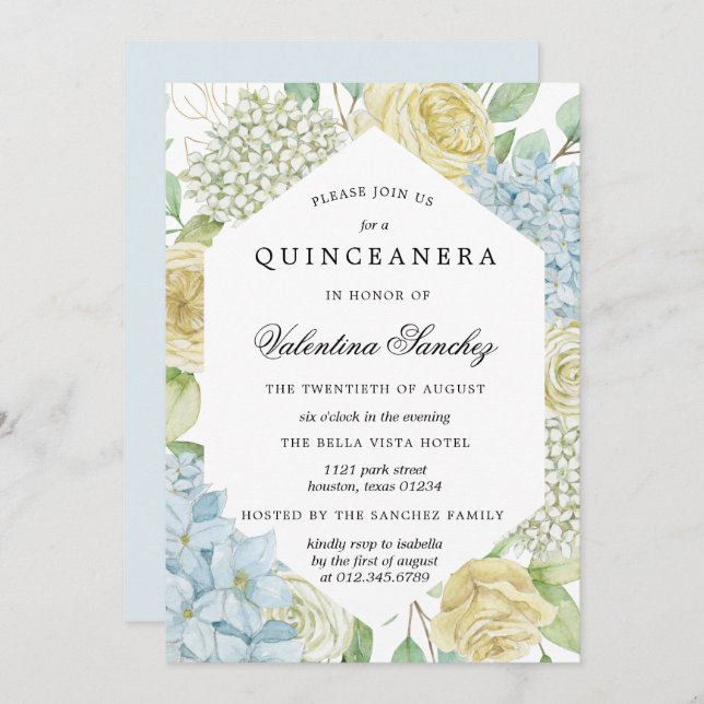 Blue White Rose Hydrangea Quinceanera Invitation (Front/Back)