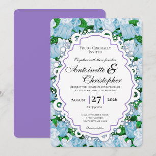 Blue & White Rose Wedding Invite - Purple Border