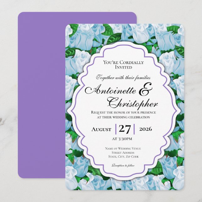 Blue & White Rose Wedding Invite - Purple Border (Front/Back)