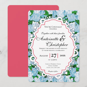 Blue & White Rose Wedding Invite with Red Border