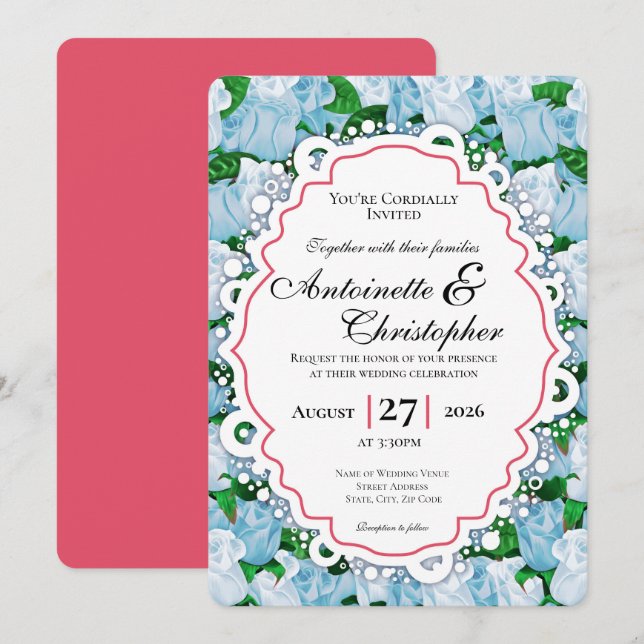 Blue & White Rose Wedding Invite with Red Border (Front/Back)