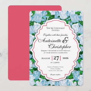 Blue & White Rose Wedding Invite with Red Border