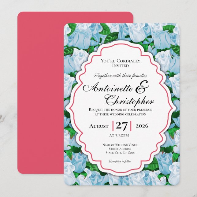 Blue & White Rose Wedding Invite with Red Border (Front/Back)