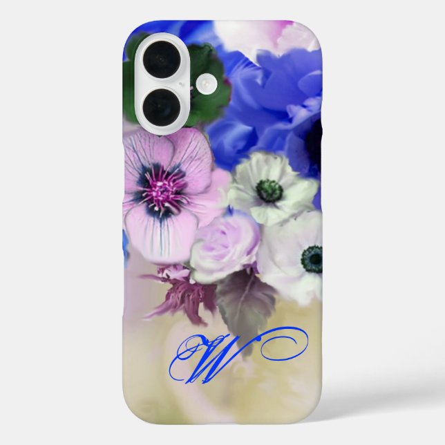 BLUE WHITE ROSES AND ANEMONE FLOWERS MONOGRAM Case-Mate iPhone CASE (Back)