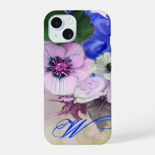 BLUE WHITE ROSES AND ANEMONE FLOWERS MONOGRAM iPhone 15 CASE