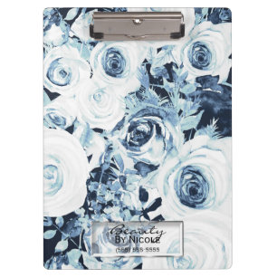Blue & White Roses Glam Modern Floral Personalised Clipboard