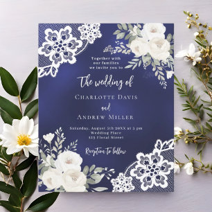 Blue white roses lace wedding invitation