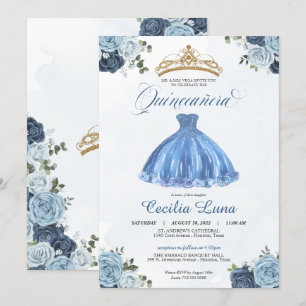 Blue & White Roses Princess Quinceañera Birthday Invitation
