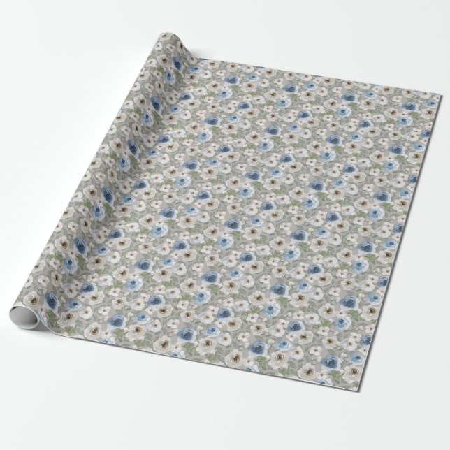 Blue White Roses Wrapping Paper (Unrolled)