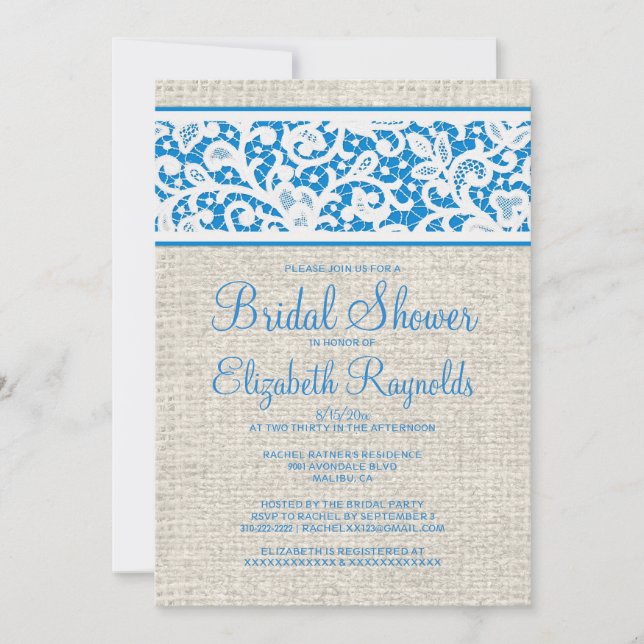 Blue White Rustic Burlap Bridal Shower Invitations (Front)