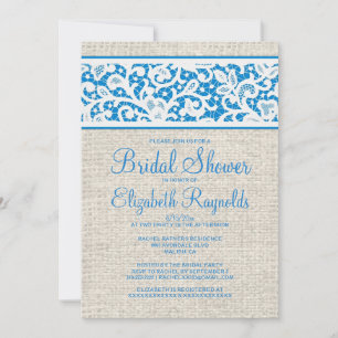 Blue White Rustic Burlap Bridal Shower Invitations