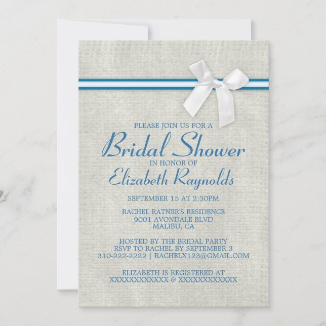 Blue White Rustic Burlap Bridal Shower Invitations (Front)
