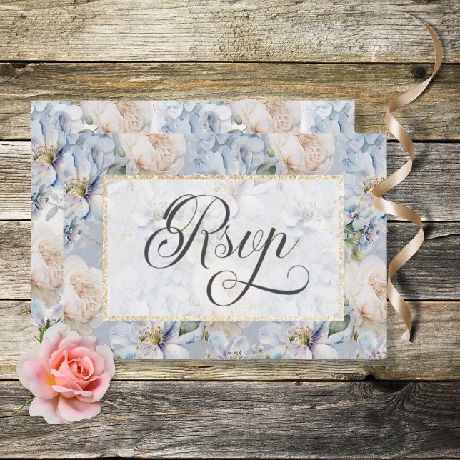 Blue & White Rustic Floral Gold Frame Wedding RSVP (Creator Uploaded)