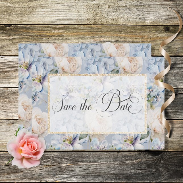 Blue & White Rustic Floral Gold Frame Wedding Save Save The Date (Creator Uploaded)