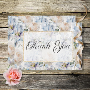 Blue & White Rustic Floral Gold Frame White Thank You Card