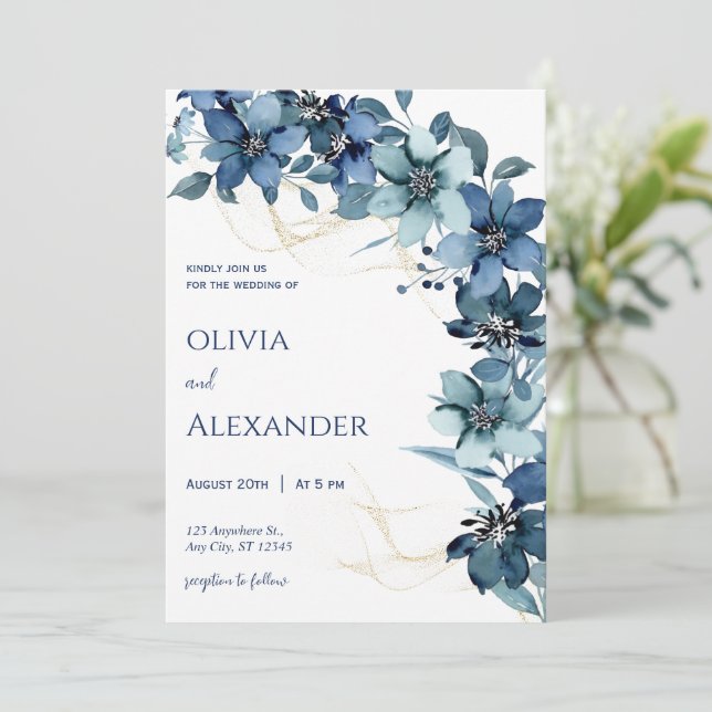 Blue White Rustic Floral Wedding Invitation (Standing Front)