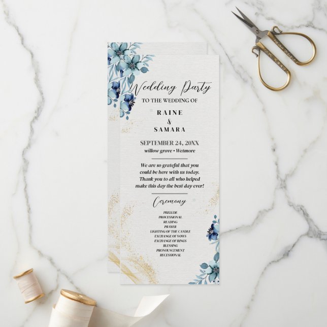 Blue & White Rustic Floral Wedding Party Program (Front/Back In Situ)