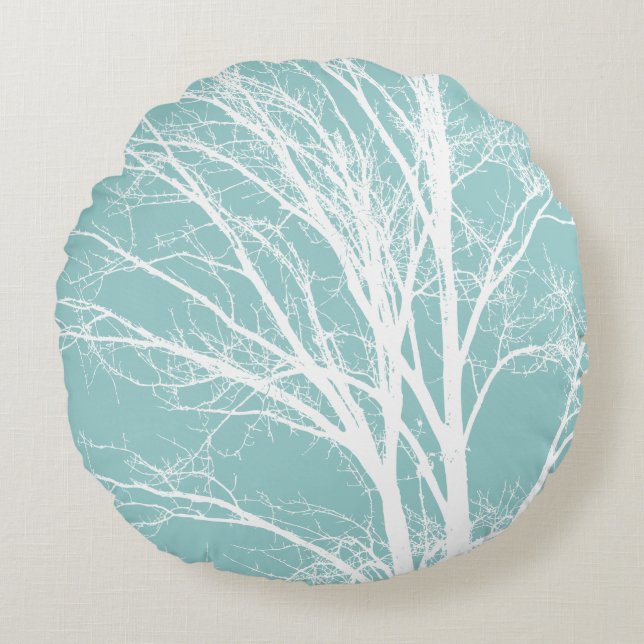 Blue White Rustic Tree Branches Round Cushion (Front)