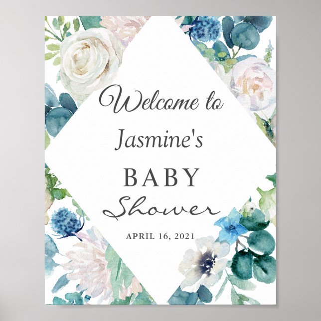 Blue White Sage Green Floral Baby Shower Sign (Front)
