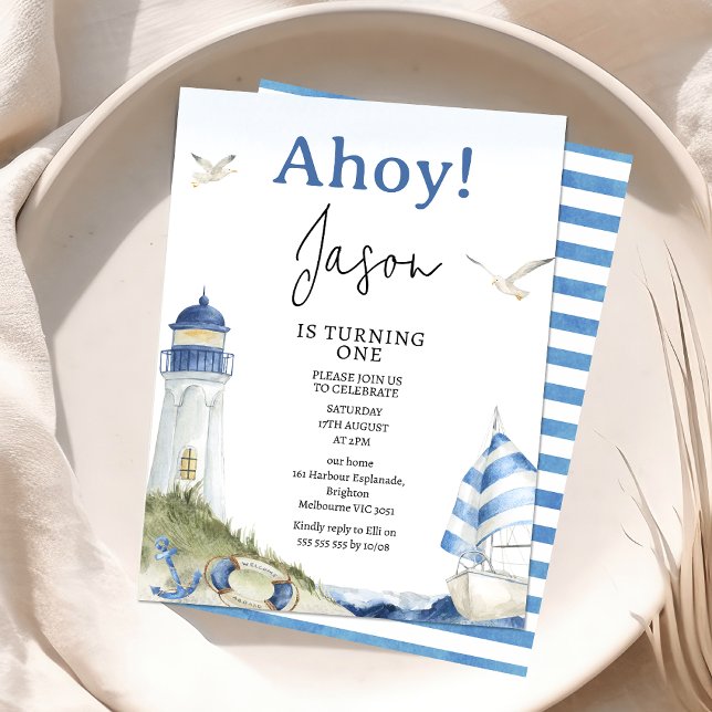 Blue White Sail Boat Nautical Ahoy 1st Birthday Invitation (Ahoy Nautical 1st Birthday Invite Boy Nautical Sailing Boat Party Invitation Printable Blue White)