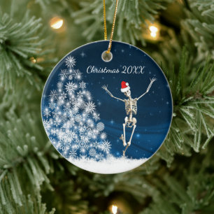 Blue & White Santa Skeleton "Christmas 20xx" Ceramic Ornament