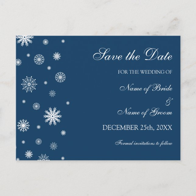 Blue White Save the Date Winter Wedding Postcard (Front)