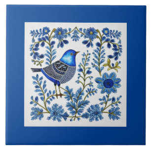 Blue & White Scandi inspired folk art Ceramic Tile
